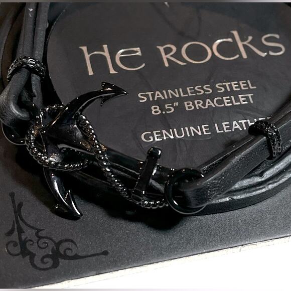 NEW He Rocks Mens BRACELET 8.5” Black Stainless Anchor 4 Leather Wrap Bands - Picture 2 of 7